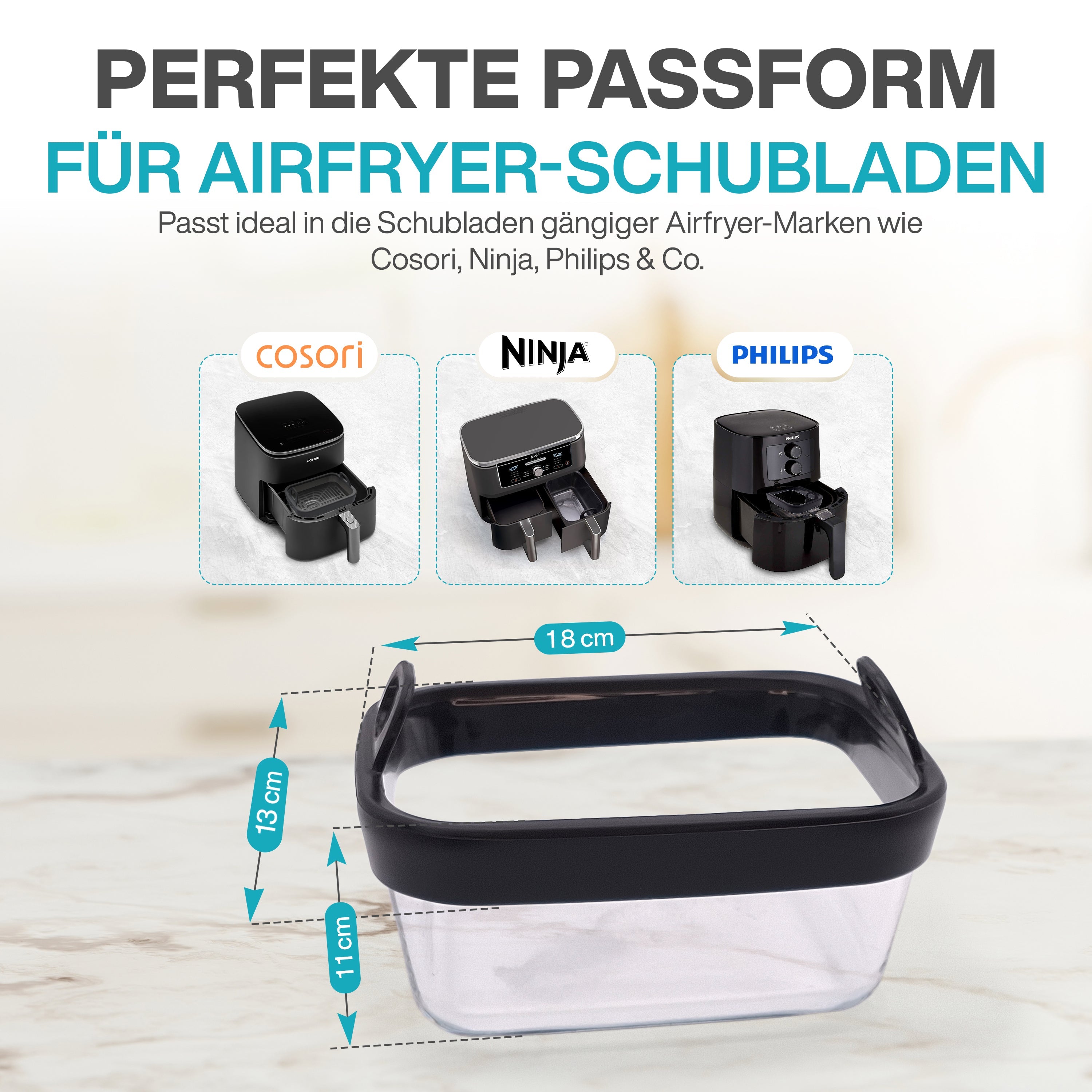 VentiFry Glasauflaufform für Airfryer mit Silikongriffen